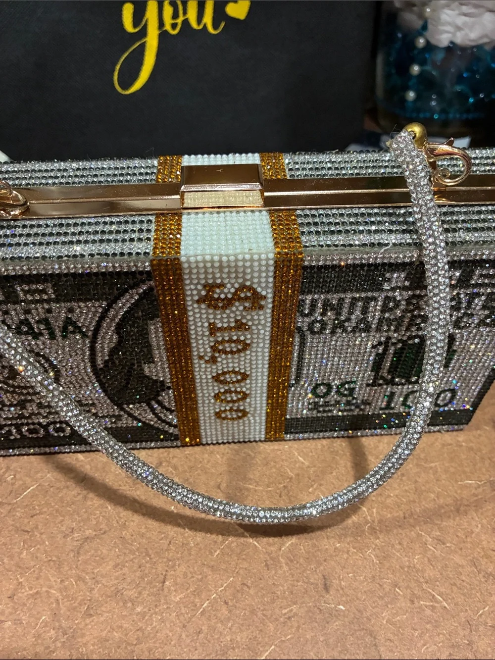 Crystal Embellished Money Stack Minaudière - Pink and Gold pocket book.